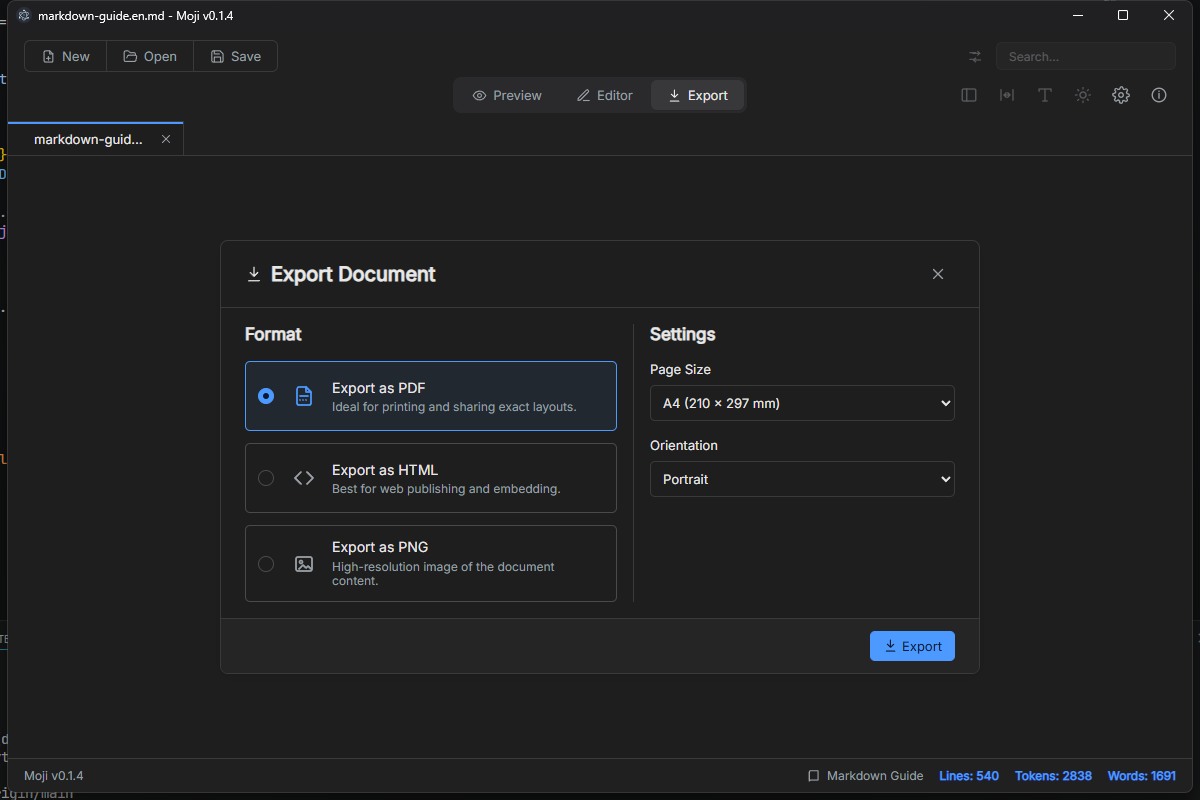 Export dialog